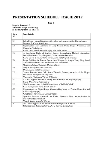 PRESENTATION SCHEDULE: ICACIE 2017  DAY-1 Regular Session 1.2.1: Advanced Image Processing  23 Nov