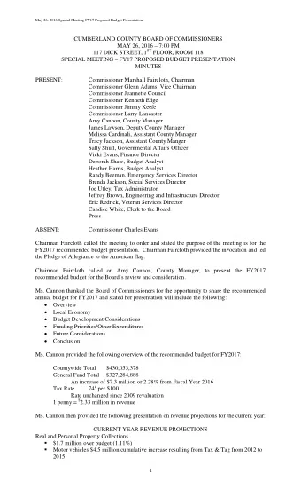 CUMBERLAND COUNTY BOARD OF COMMISSIONERS  MAY 26, 2016  7:00 PM 117 DICK STREET, 1 ST FLOOR,