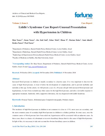 Liddle's Syndrome Case Report-Unusual Presentation  with Hypertension in Children Haia Nasser 1* ,
