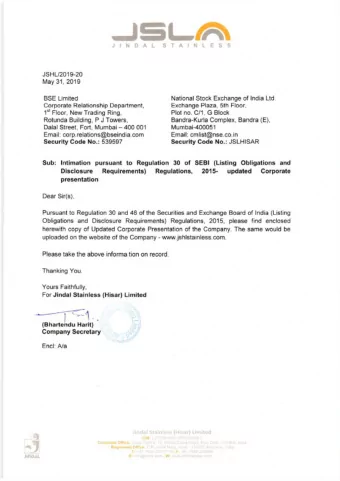 JINDAL STAINLESS (HISAR) LIMITED (JSHL)  Corporate Presentation  Disclaimer  2 This presentation