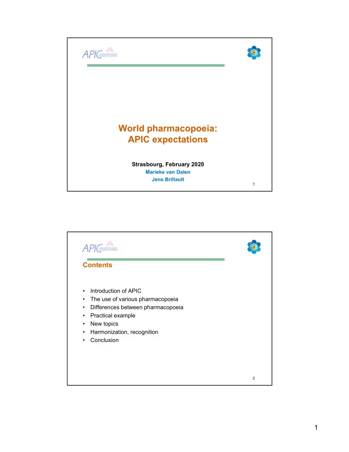 world pharmacopoeia apic expectations