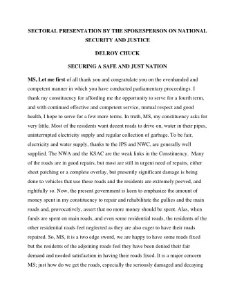 SECTORAL PRESENTATION BY THE SPOKESPERSON ON NATIONAL  SECURITY AND JUSTICE  DELROY CHUCK  SECURING