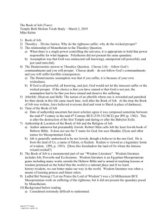 The Book of Job (Yuov)  Temple Beth Sholom Torah Study  March 2, 2019  Mike Rubin 1) Book of