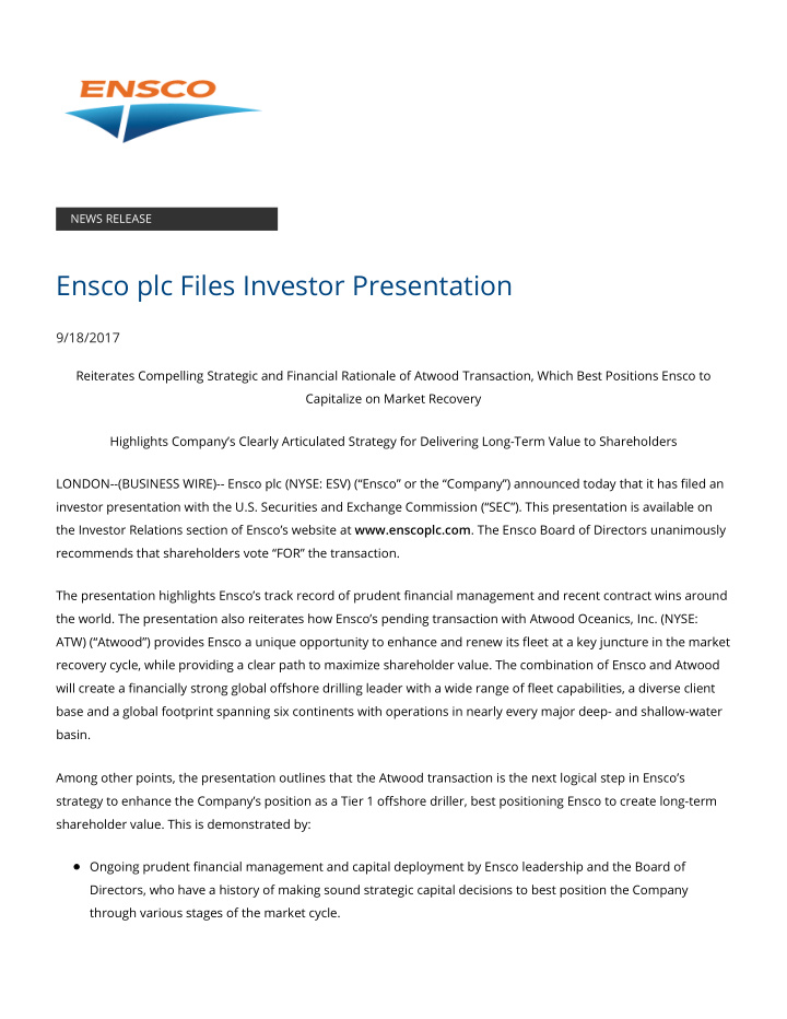 ensco plc files investor presentation