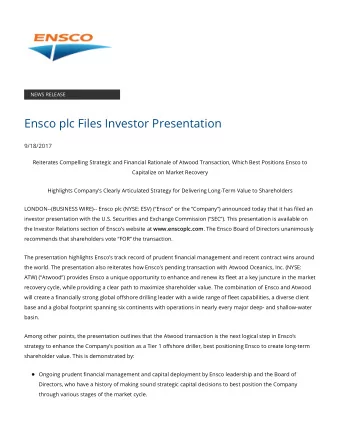 Ensco plc Files Investor Presentation  9/18/2017  Reiterates Compelling Strategic and Financial