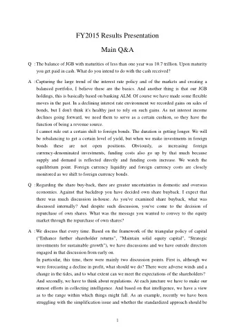 FY2015 Results Presentation  Main Q&amp;A Q  The balance of JGB with maturities of less than one