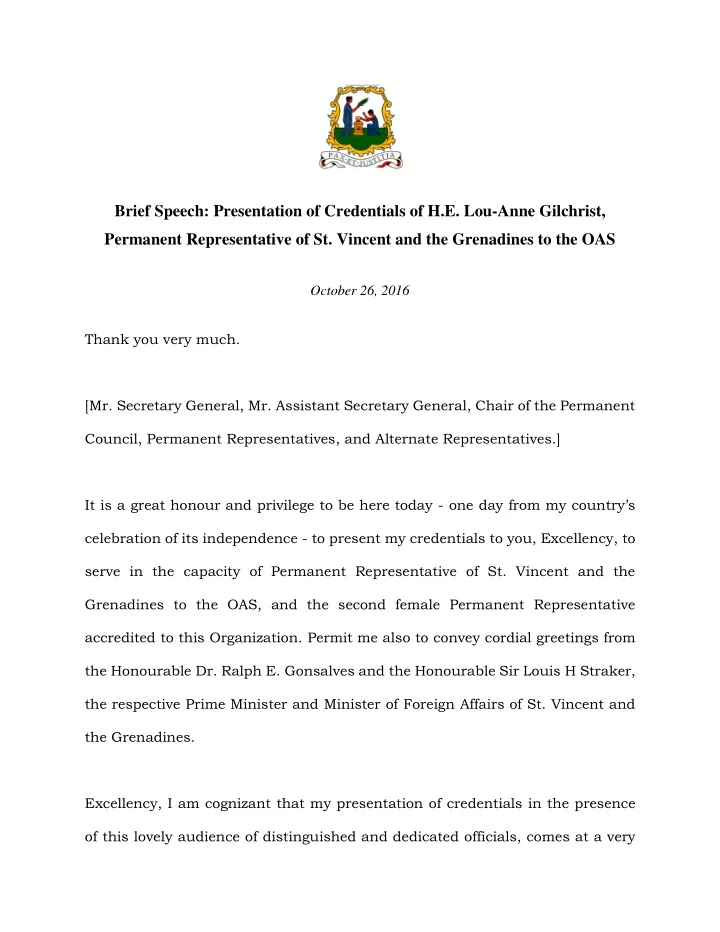 brief speech presentation of credentials of h e lou anne
