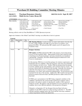 Wareham ES Building Committee Meeting Minutes Wareham Elementary School(s) MEETING DATE: Sept. 05,