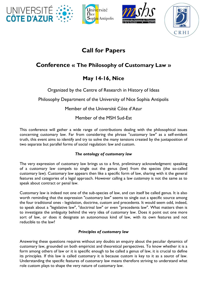 call for papers conference the philosophy of customary law