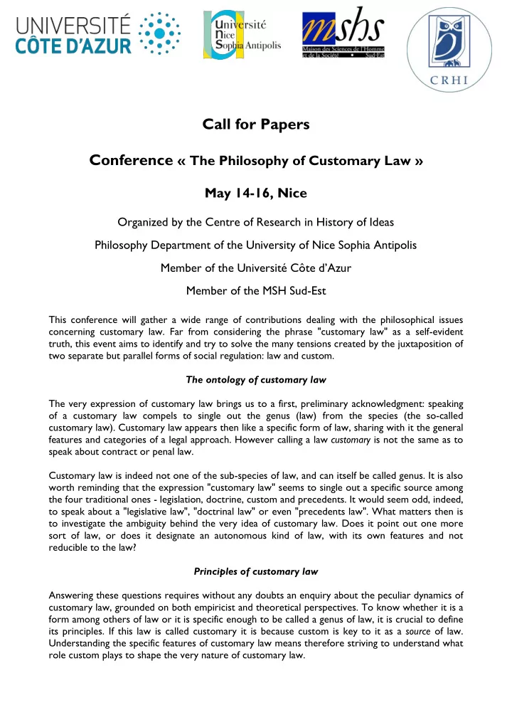 call for papers conference the philosophy of customary law