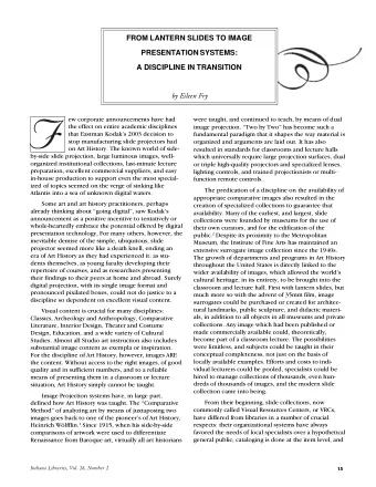 FROM LANTERN SLIDES TO IMAGE  PRESENTATION SYSTEMS:  A DISCIPLINE IN TRANSITION  by Eileen Fry  ew