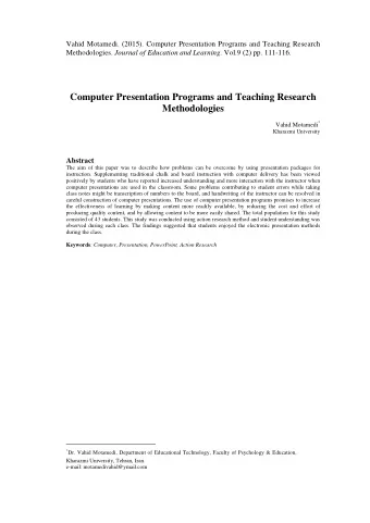 Computer Presentation Programs and Teaching Research  Methodologies Vahid Motamedi *  Kharazmi