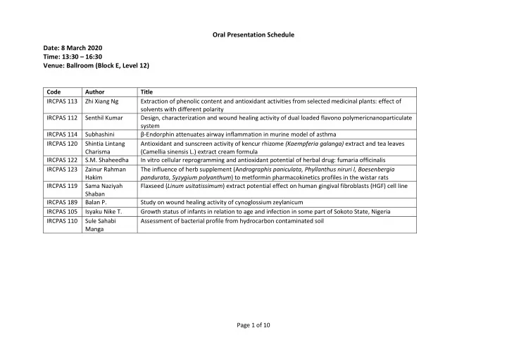 oral presentation schedule date 8 march 2020 time 13 30