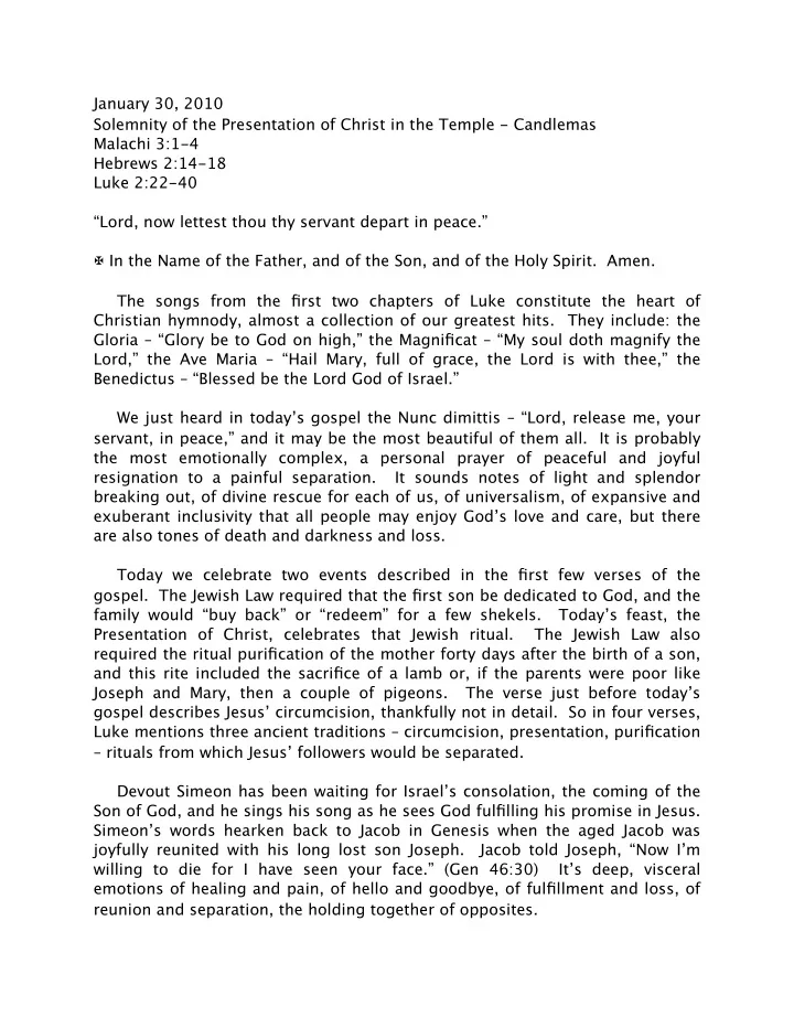 january 30 2010 solemnity of the presentation of christ
