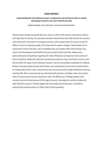 SHORT ABSTRACT  Understanding the links between womens employment and nutritional status in