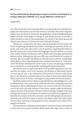 Aspects of Pontic Greek Spoken in Georgia is very timely, because it provides a  rather detailed