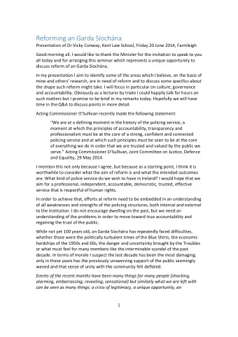 Reforming an Garda Sochna Presentation of Dr Vicky Conway, Kent Law School, Friday 20 June