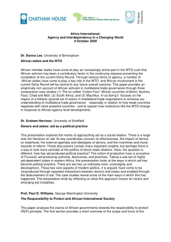 Africa International: Agency and Interdependency in a Changing World 9 October 2009 Dr. Donna Lee ,