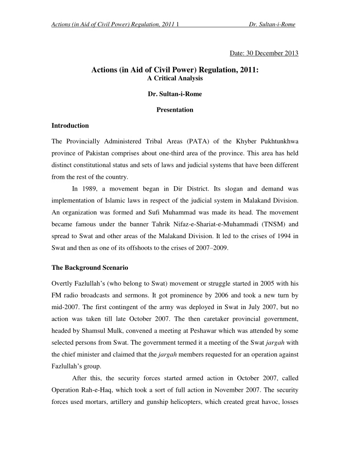 actions in aid of civil power regulation 2011