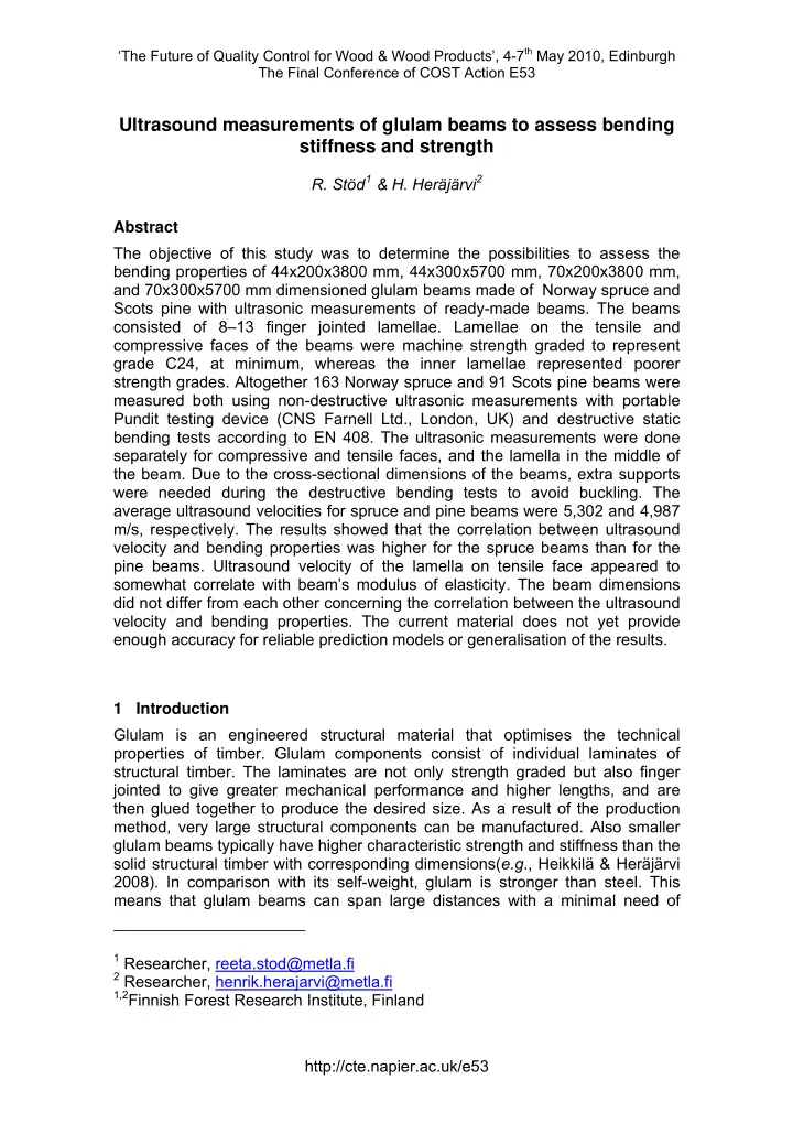 ultrasound measurements of glulam beams to assess bending