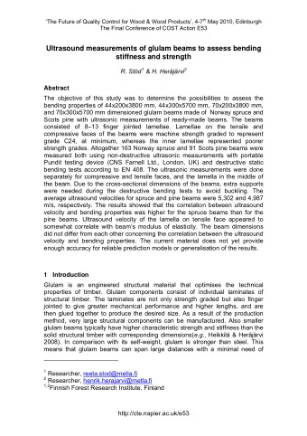 Ultrasound measurements of glulam beams to assess bending  stiffness and strength R. Std 1 &amp;