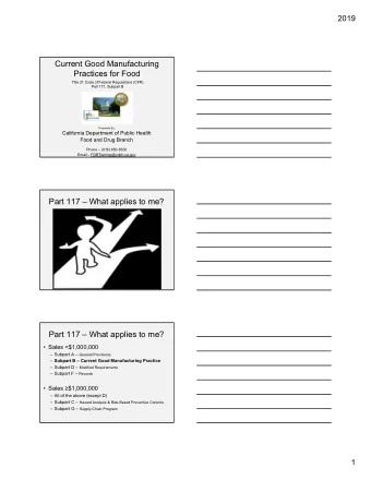 Current Good Manufacturing Practices for Food Title 21 Code of Federal Regulations (CFR) Part 117,