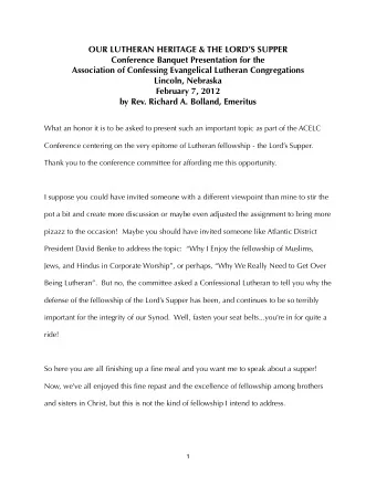 OUR LUTHERAN HERITAGE &amp; THE LORDS SUPPER  Conference Banquet Presentation for the