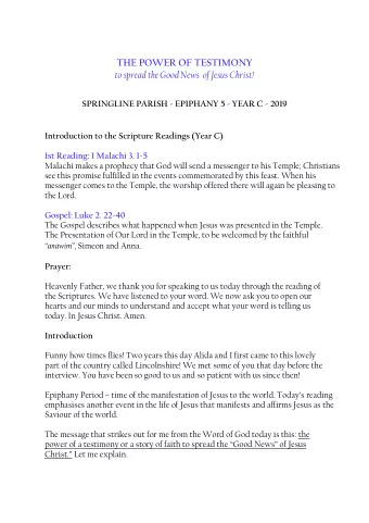 THE POWER OF TESTIMONY  to spread the Good News  of Jesus Christ!  SPRINGLINE PARISH - EPIPHANY 5 -