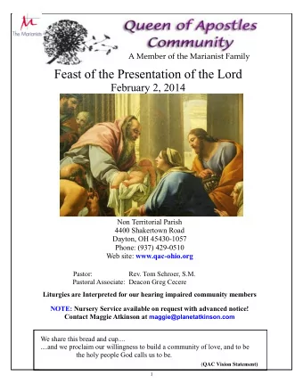 Feast of the Presentation of the Lord  February 2, 2014  Non Territorial Parish 4400 Shakertown
