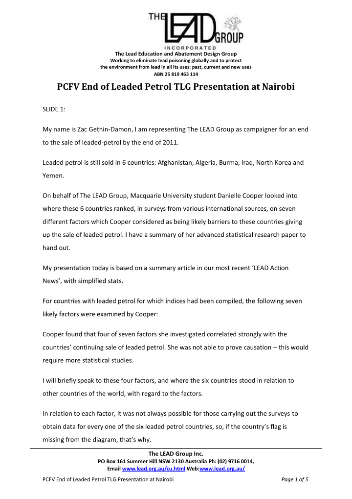 pcfv end of leaded petrol tlg presentation at nairobi