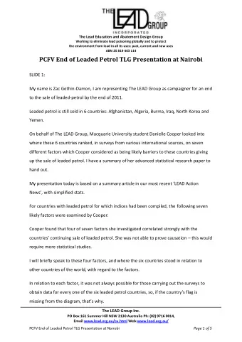 PCFV End of Leaded Petrol TLG Presentation at Nairobi  SLIDE 1:  My name is Zac Gethin-Damon, I am