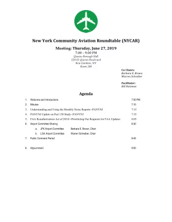 New York Community Aviation Roundtable (NYCAR) Meeting: Thursday, June 27, 2019  7:00  9:00 PM