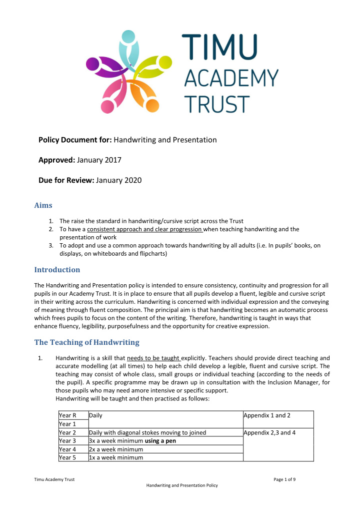 policy document for handwriting and presentation approved