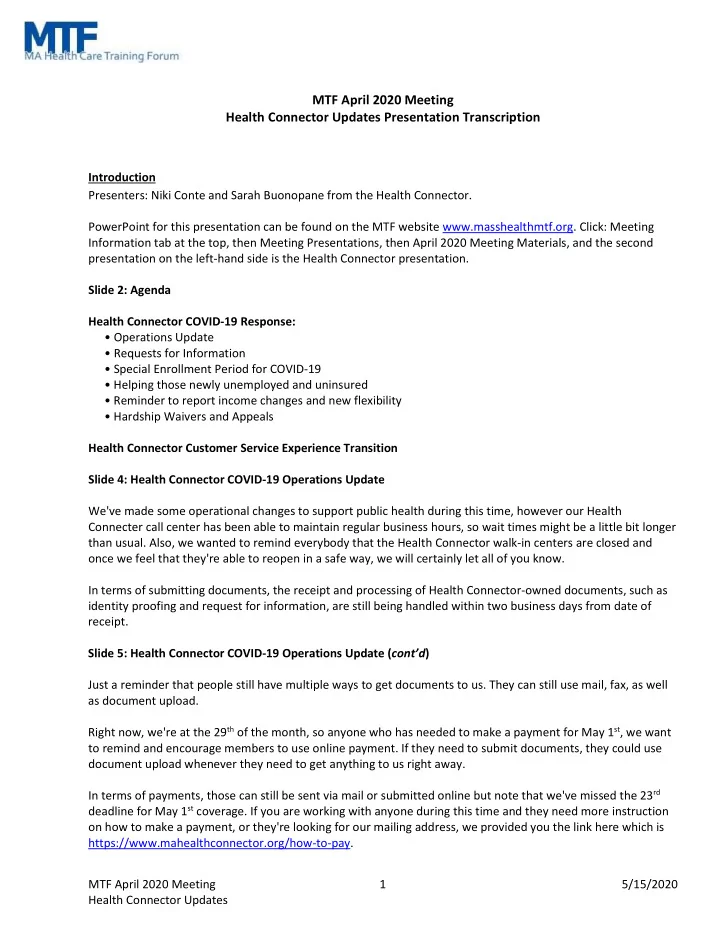 mtf april 2020 meeting health connector updates