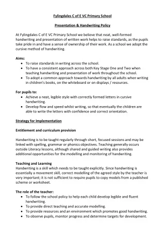 Fylingdales C of E VC Primary School  Presentation &amp; Handwriting Policy  At Fylingdales C of E