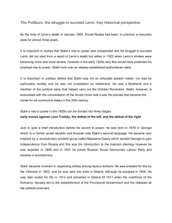 The Politburo, the struggle to succeed Lenin, Key Historical perspective  By the time of Lenins