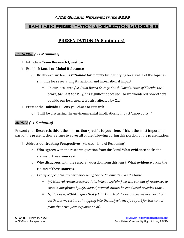 team task presentation reflection guidelines