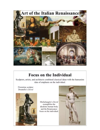 Art of the Italian Renaissance  Focus on the Individual  Sculptors, artists, and architects