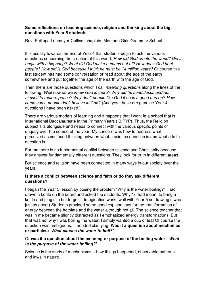some reflections on teaching science religion and