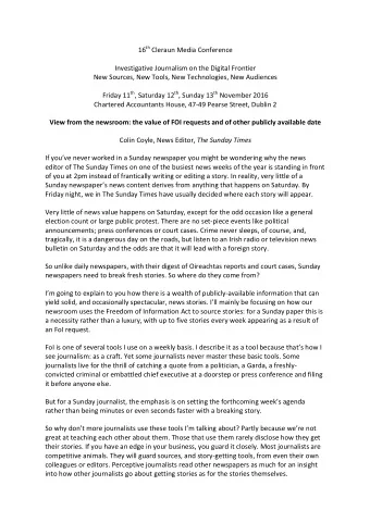 16 th Cleraun Media Conference  Investigative Journalism on the Digital Frontier  New Sources, New