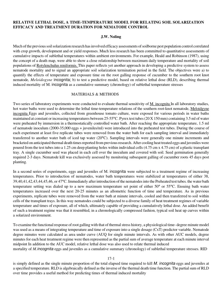 relative lethal dose a time temperature model for