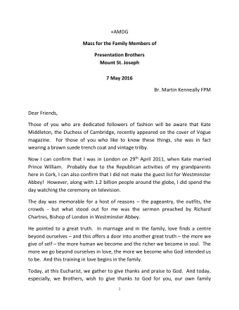 +AMDG  Mass for the Family Members of  Presentation Brothers  Mount St. Joseph  7 May 2016  Br.