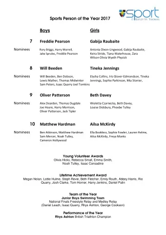 Boys  Girls  7 Freddie Pearson Gabija Raubaite Nominees Rory Briggs, Harry Morrell,  Antonia