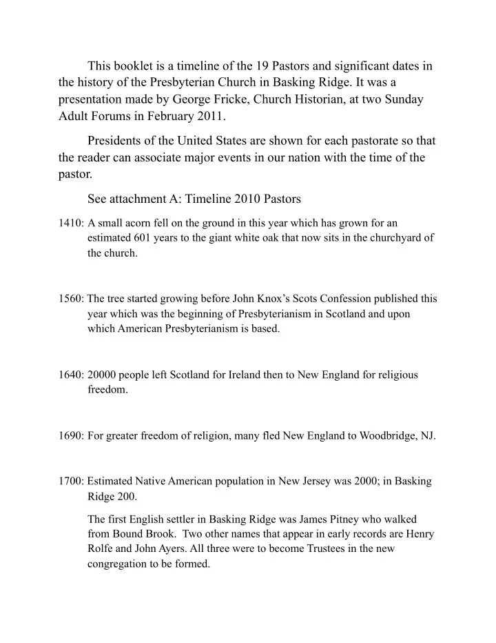 this booklet is a timeline of the 19 pastors and