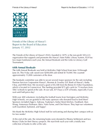 Friends of the Library of Hawaii  Report to the Board of Education  January 17, 2012  The