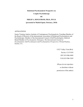 Relational Psychoanalytic Perspective on  Couples Psychotherapy  BY  PHILIP A. RINGSTROM, PH.D.,