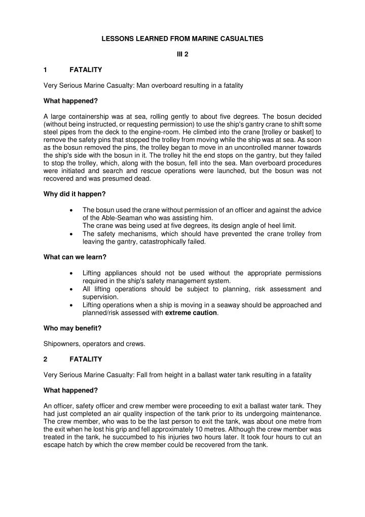 lessons learned from marine casualties iii 2 1 fatality