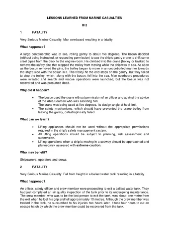 LESSONS LEARNED FROM MARINE CASUALTIES  III 2  1  FATALITY  Very Serious Marine Casualty: Man