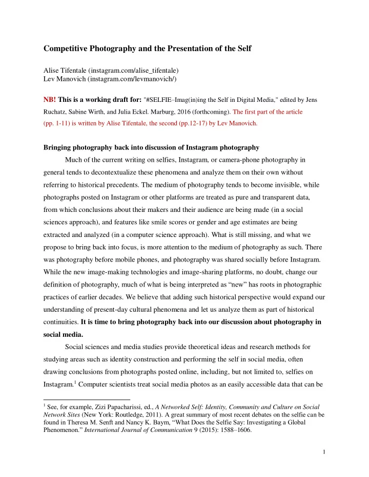 competitive photography and the presentation of the self