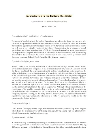 Secularization in the Eastern Bloc States  Approaches for a finely tuned understanding  Andrs